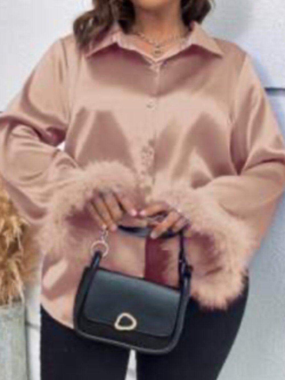 Shein Curve Pale Pink Feather Cuff Wide Sleeve Satin Button Down Shirt